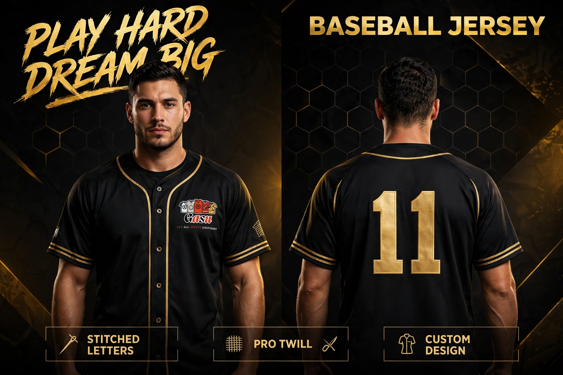Custom Black and Gold Baseball Jersey — GASU custom team uniform