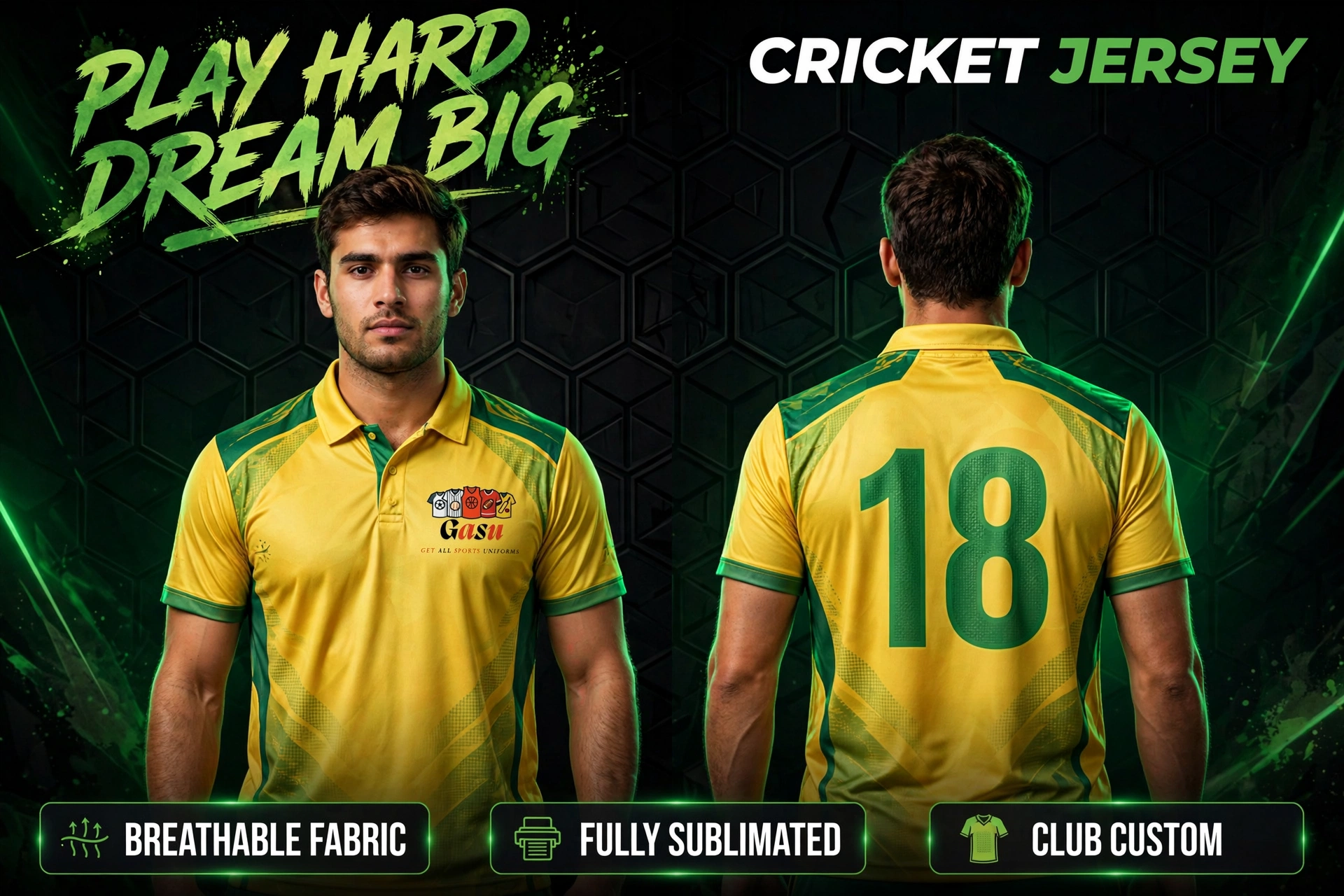 Custom Yellow and Green Cricket Jersey — GASU custom team uniform